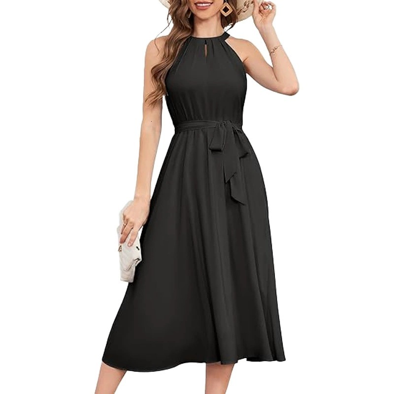 2025 Spring/Summer New Womens Vacation Style Elegant Solid Color Belt Dress