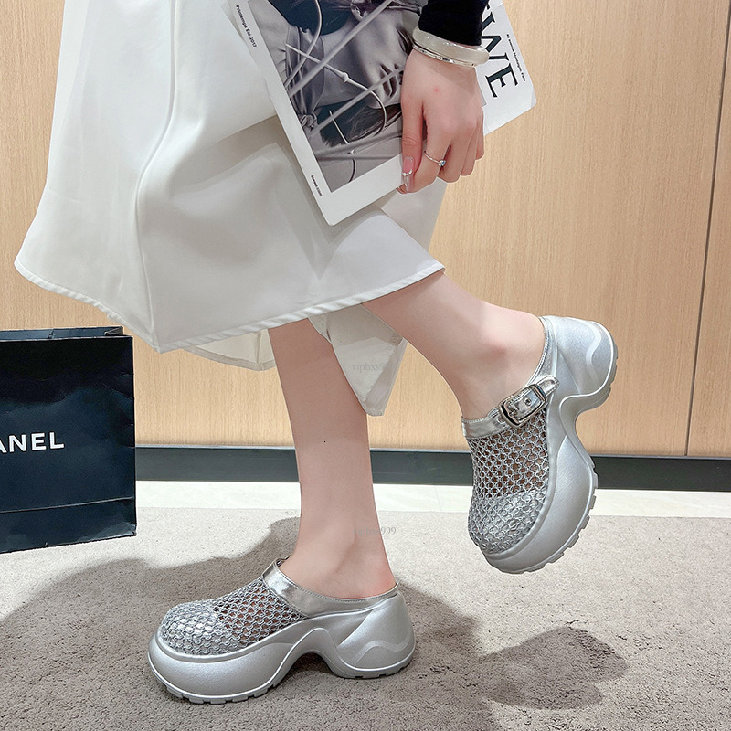 New Designer Sandals With Free Shipping Cool Women's 2025 Woven Baotou Half Slippers Sponge Cake Thick Sole Foot Stomping Hollow Slippers