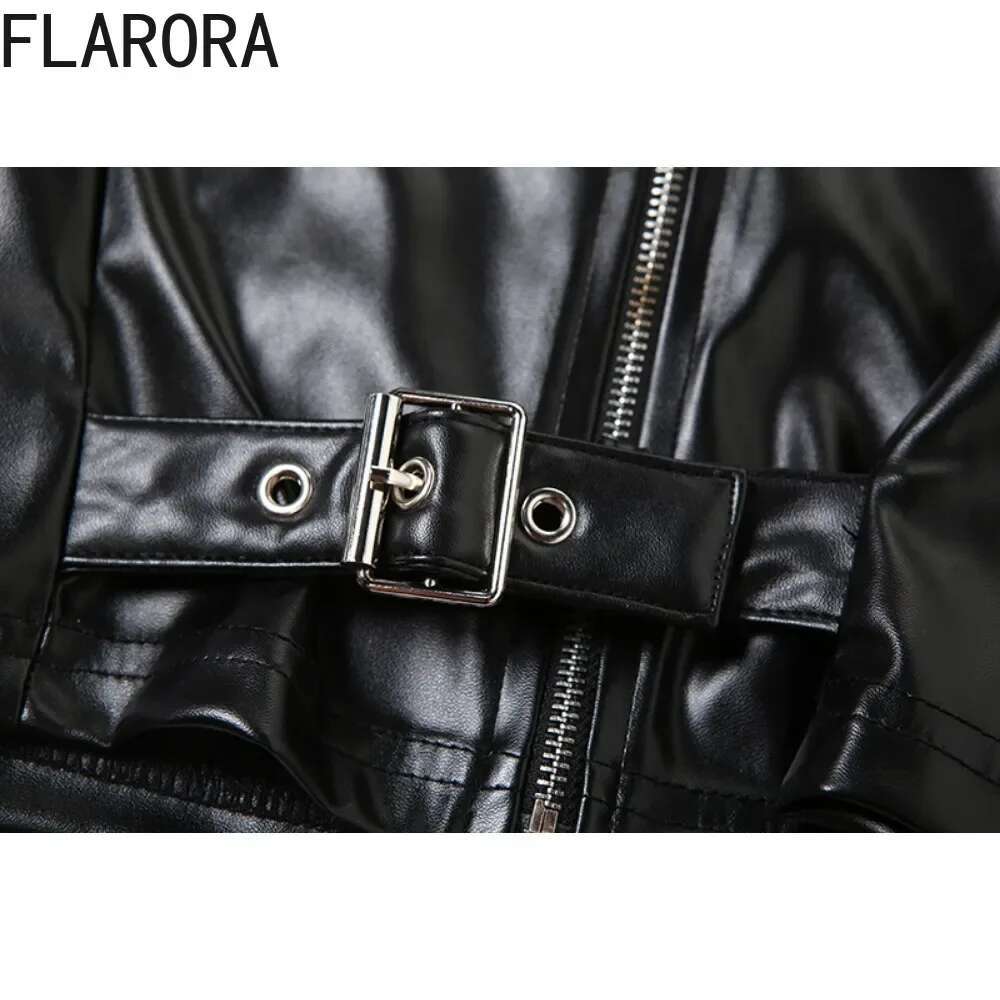 FLARORA Black Pu Leather Patchwork Jackets Woman Long Sleeve Zipper Crop Coats Fashion Y2k Streetwear Motorcycle Jacket 2025 New