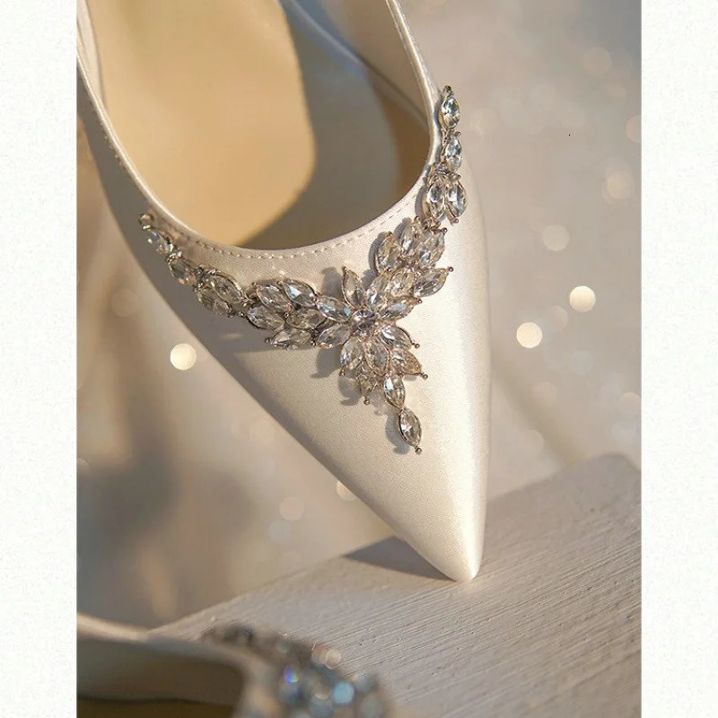 White Women Bridal Wedding Shoes Silk Satin Rhinestone Crystal Shallow Pumps Stiletto High Heels 251103