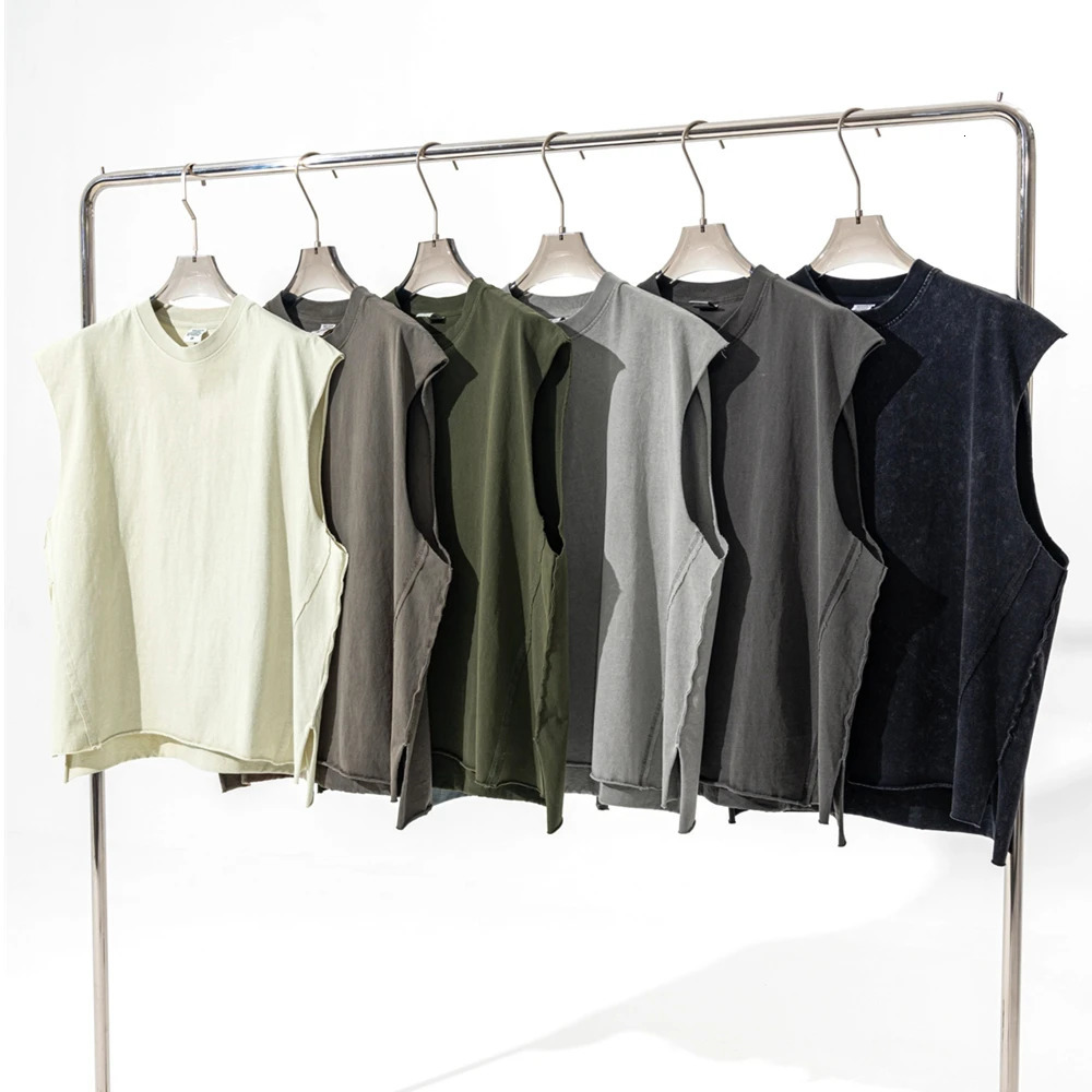 Large size washed cotton board vest mens sleeveless cut T-shirt hip-hop streetwear 250402