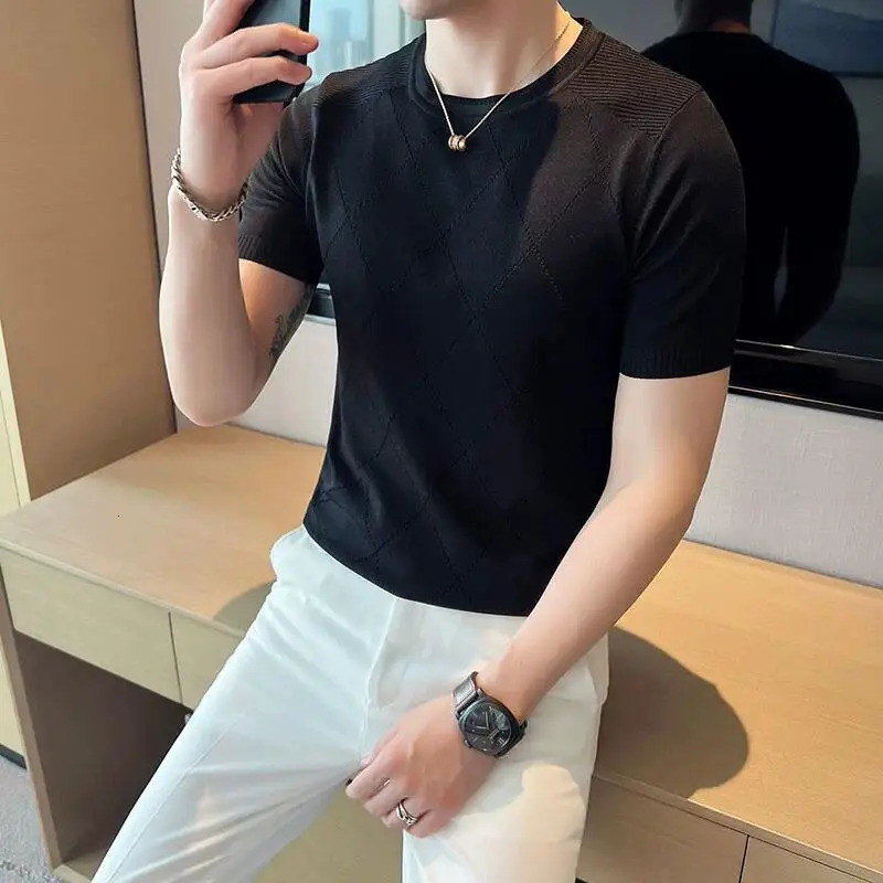 Summer silk breathable short sleeved knitted T-shirt mens round neck slim fit casual elastic T-shirt mens 3XL-M 250403