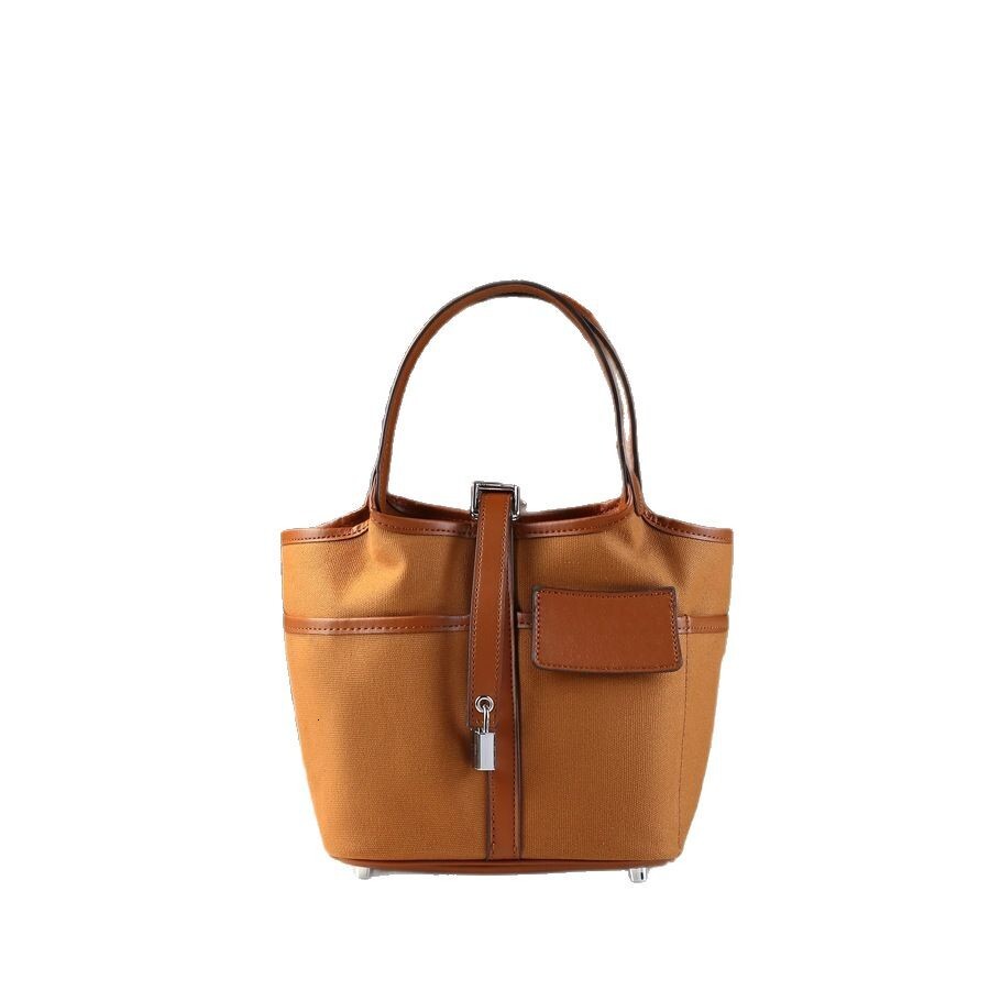 New Fashionable Canvas Bucket Versatile Splicing, Vegetable Basket Lock Women's Bag, Trendy