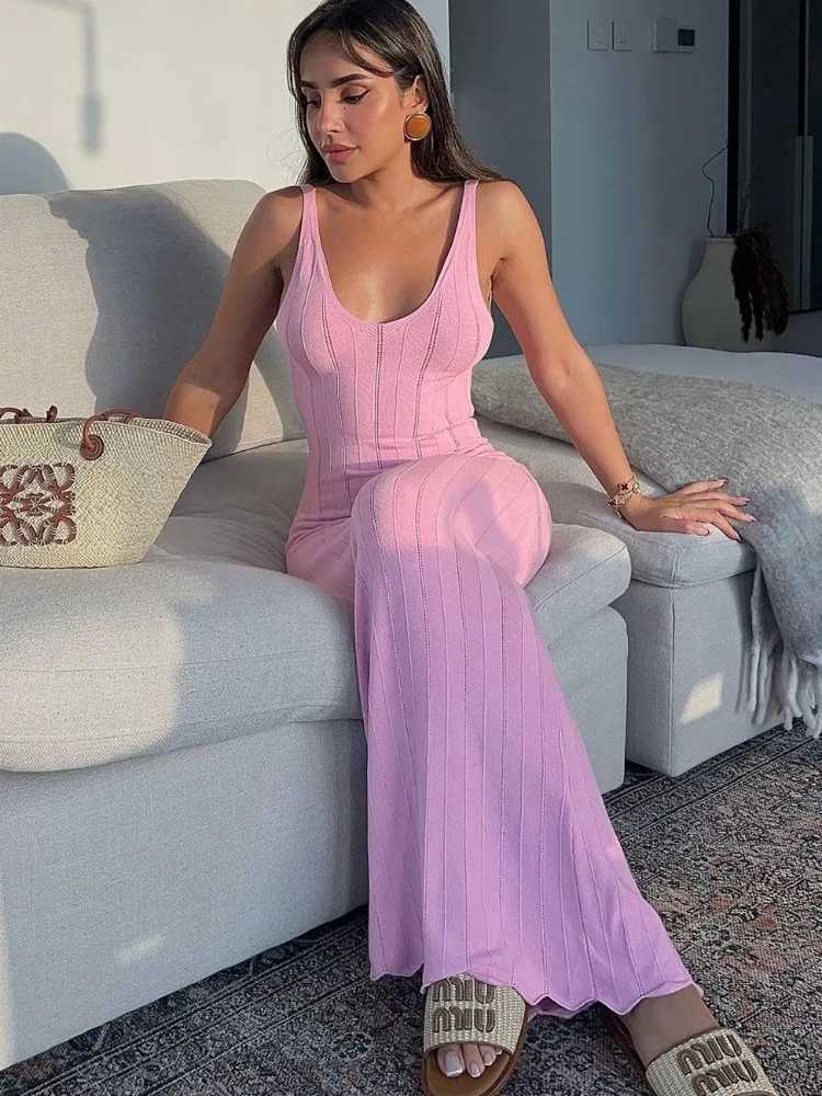 Tossy Summer Knit Ribbed Maxi Dress Female Slim Hollow Out Backless High Waist Fashion Beach Holiday Clothes Long Dress Womens X250403
