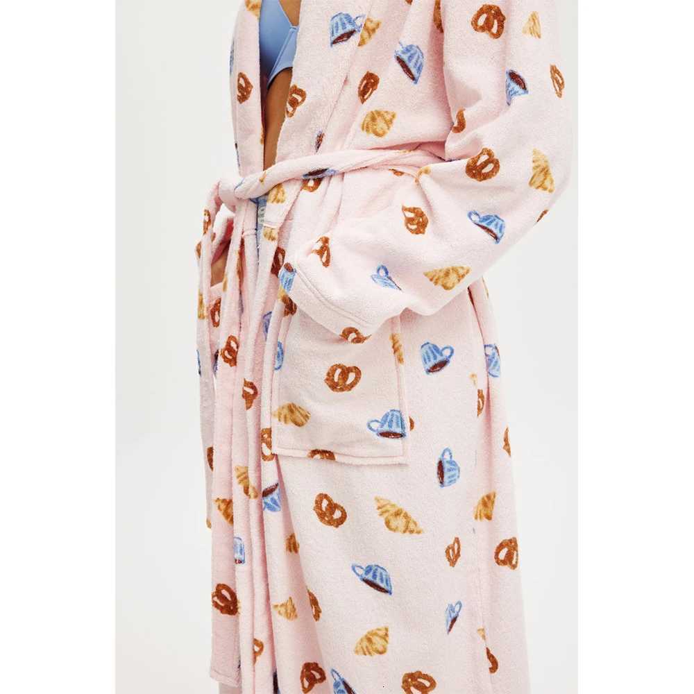 Womens Autumn Winter Shawl Robe Plush Striped Bathrobe with Pockets Long Sleeve Knee Length Nightgown Sleepwear Robes Loungewear C251104