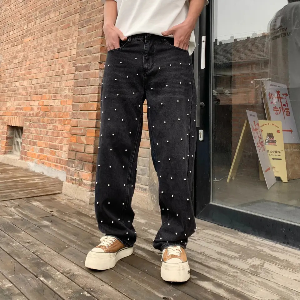Pearl black wide jeans mens streetwear mid lift pants mens Y2K Trousers 250402