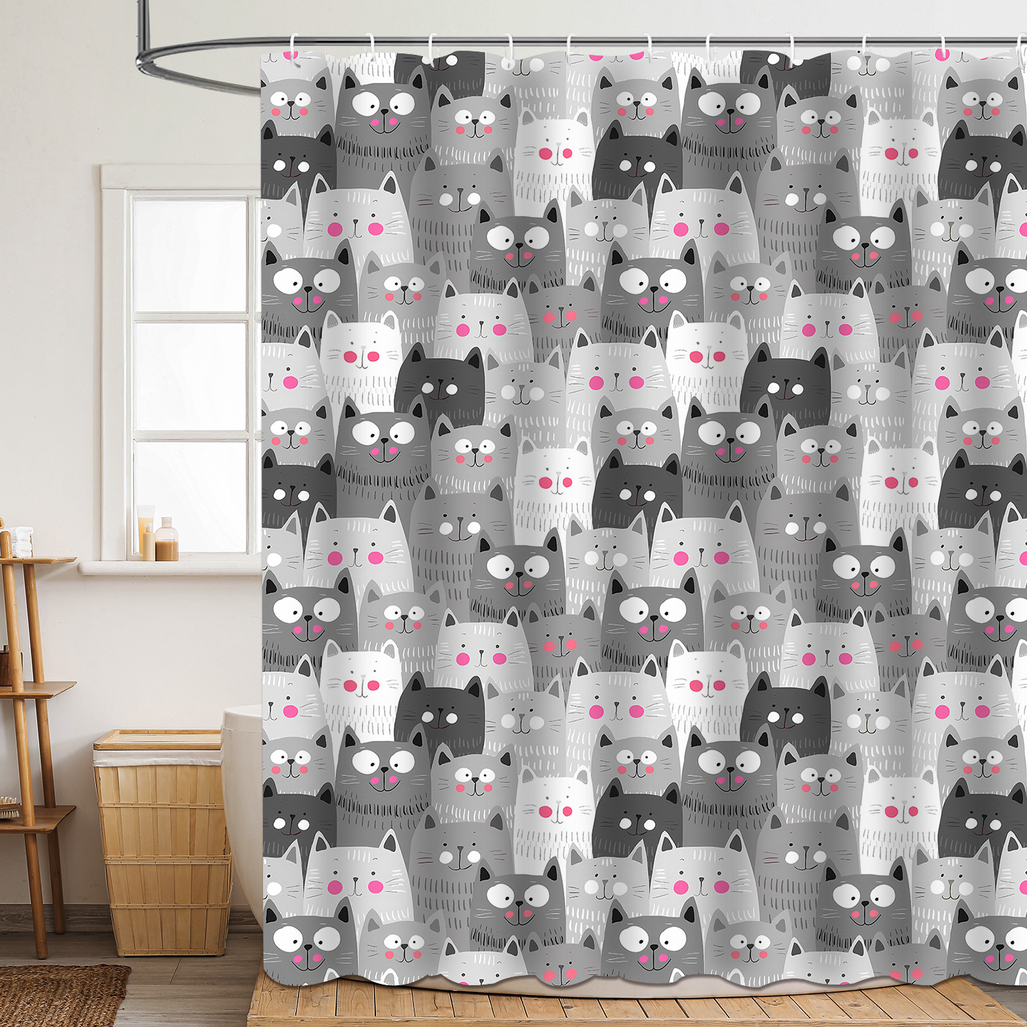 YL-37625 Popular 3D Digital Shower Curtain with Kitty Shower Design, Bathroom Dry and Wet Separation, Polyester with Hooks