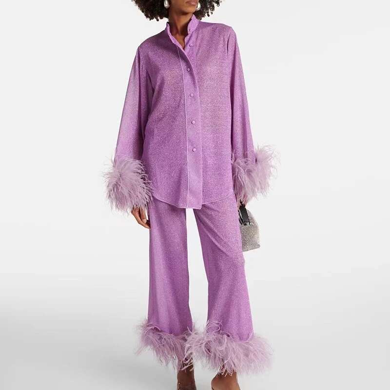 New Autumn Fashion Feather Patchwork Party Set Women's Stand Collar Long Sleeved Top And Pants Suit Elegant Button Solid Outfits