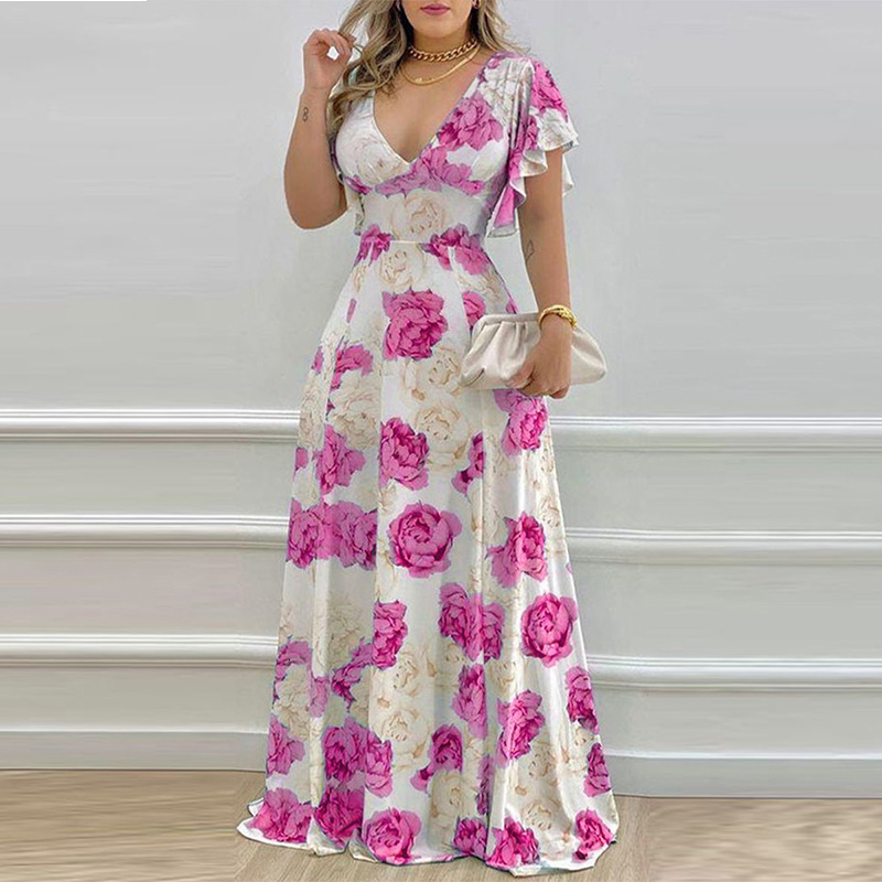 2025 Spring/Summer New Womens V-neck Printed Long Skirt with Temperament Commuting High Waist Dress