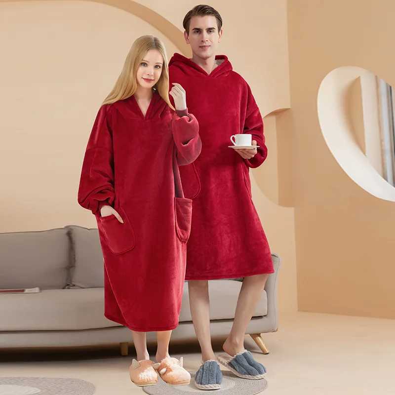 MenWomen Robe Winter New Flannel Nightwear Kimono Bathrobe Gown Hooded Sleepwear Home Dressing Gown Coral Fleece Lingerie C251104