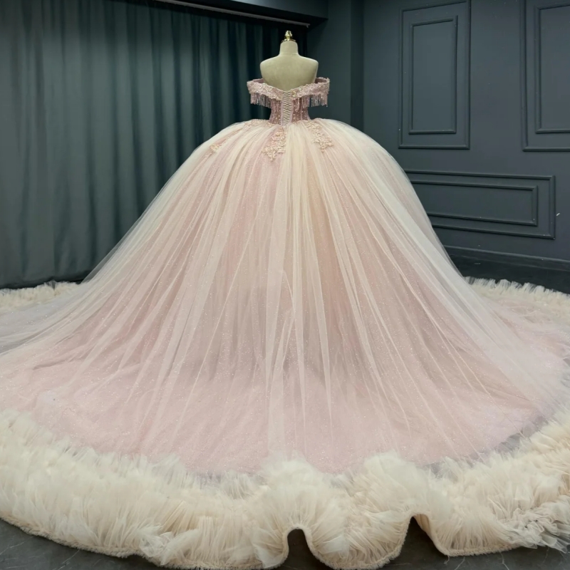 Pink Princess Quinceanera Dresses Off Shoulder Appliqued Lace Beading Crystal Tiered Tull Sweet 16 Dress Ball Gown Vestidos 15 Anos