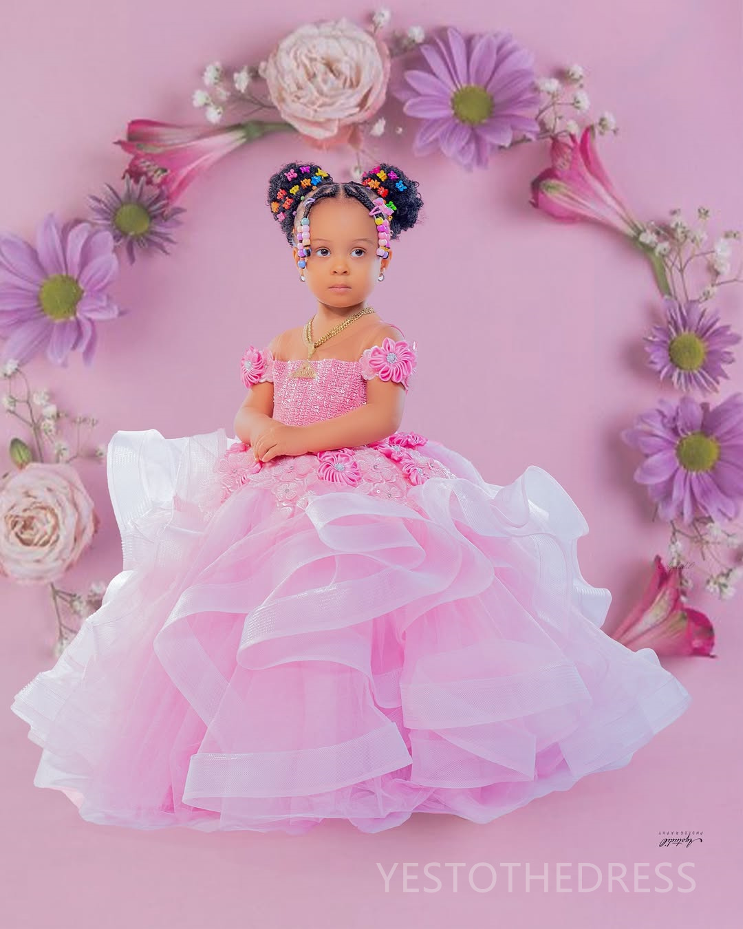 2025 Aso Ebi Pink Flower Girl Dresses Children Birthday Dress Illusion Sheer Neck Flora Appliqued Lace Tiered Tulle Princess Queen Ball Gown For Marri