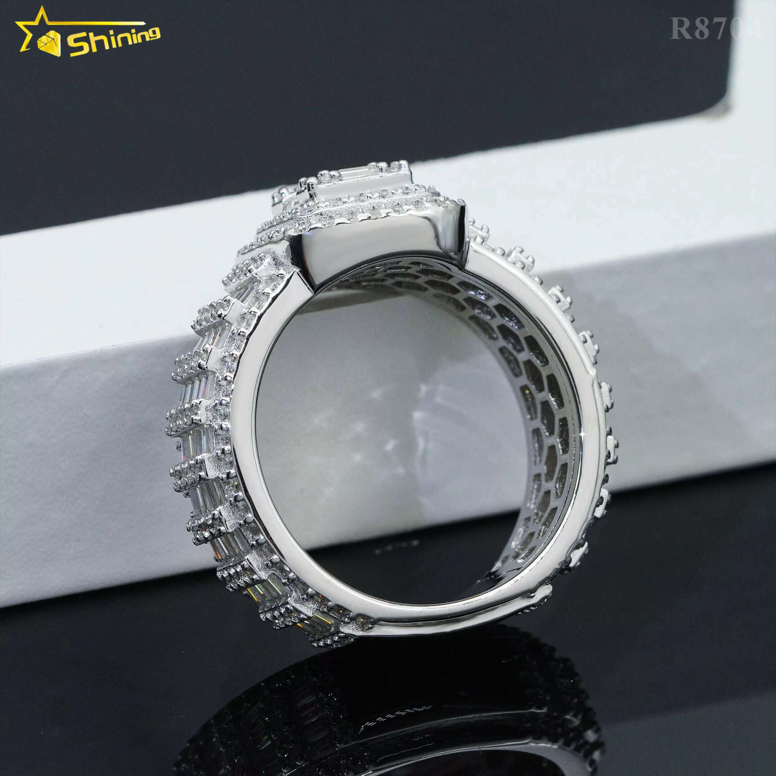 Hip Hop Jewelry Gold Plated 925 Silver Luxury Mens Ring baguette Moissanite Diamond Iced Out Rings