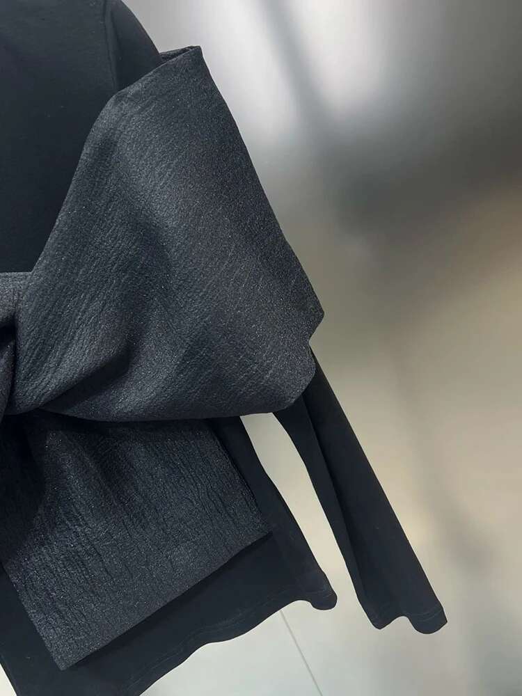 TWOTWINSTYLE Solid Spliced Bowknot Shirt For Women O Neck Long Sleeve Patchwork Mesh Casual Temperament T Shirts Female Style