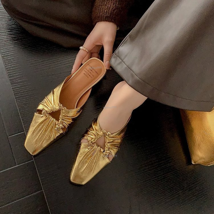 New Designer Sandals With Free Shipping Small Square Head Hollow Wrinkle Medium Thick Heel Half Dragged Metal Buckle Baotou Slippers For Women's 