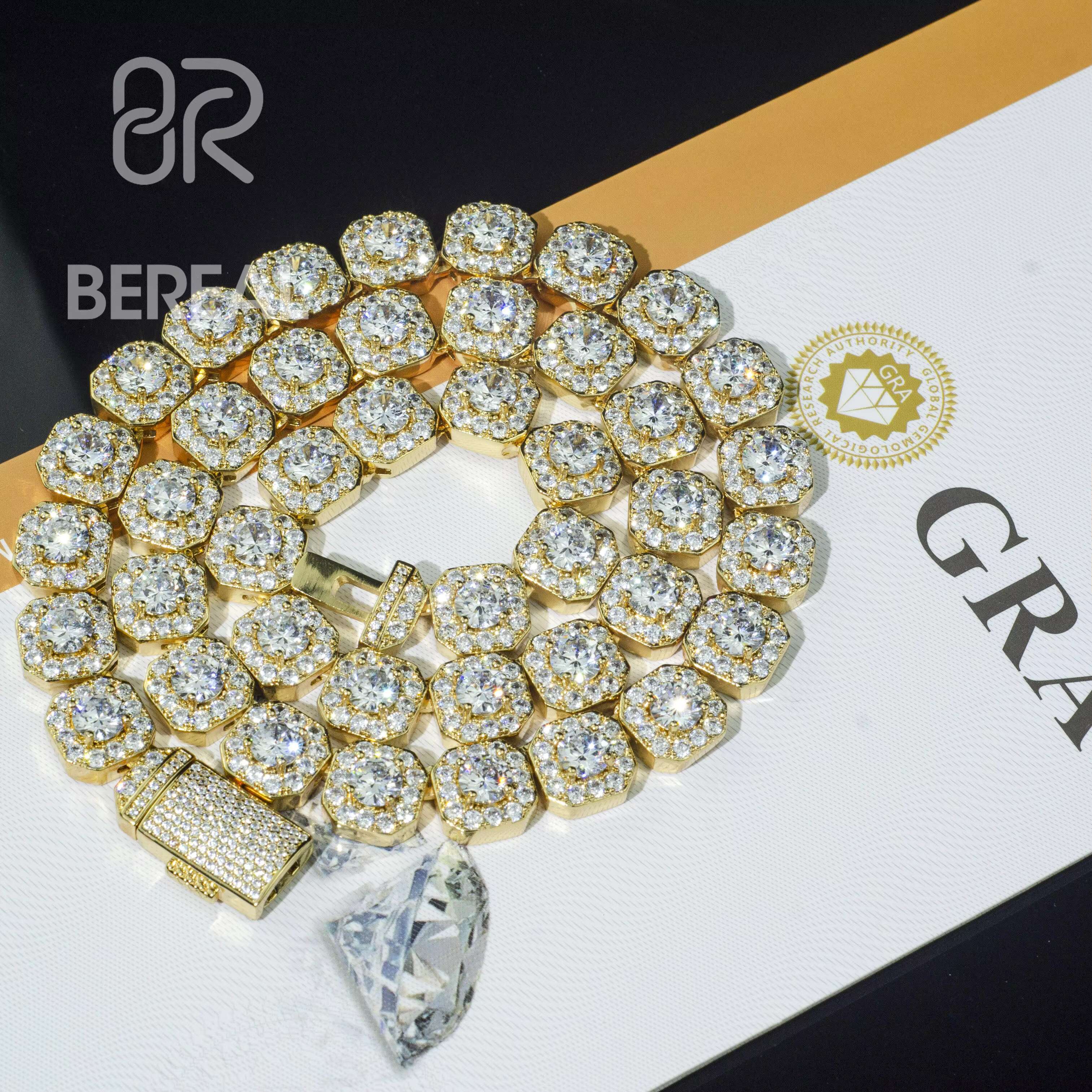 Factory High Quality Moissanite 10MM Square Micro Cluster Tennis Chain Necklace 925 Silver Mens Big Moissanite Tennis Chain