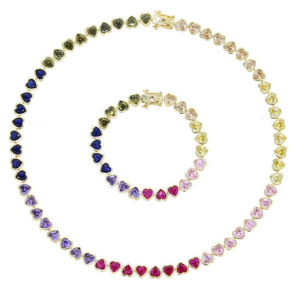 2025 New Iced Out AAA Cubic Zirconia Heart Tennis Chain Necklace Gold Color Rainbow CZ Charm Choker Hip Hop Jewelry For WomenXJ251104