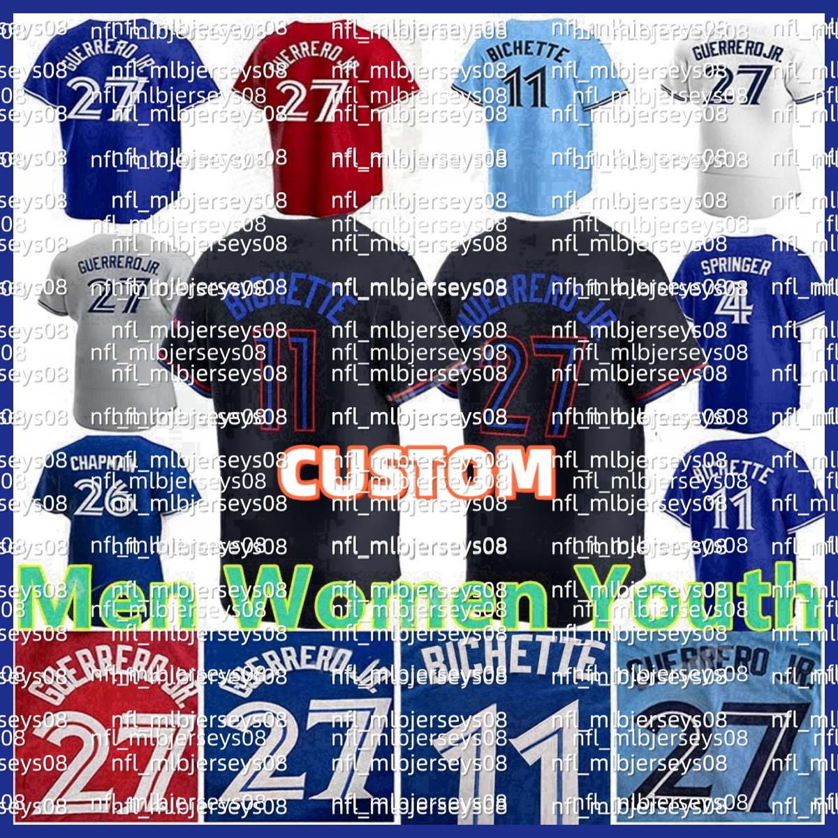 MLB Torontos Custom Blue Jays Baseball Jersey men Joe Carter 27 Vladimir Guerrero Jr. 11 Bo Bichette 4 George Springer 30 Alejandro Kirk 34 Kevin Gausman Daulton Varsho
