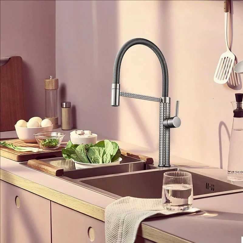 Black Spring Kitchen Faucet Pl Down Handheld Shower Kitchen carved Mixer Crane Hot and Cold rubber tube Taps Gray Chre B Y251104
