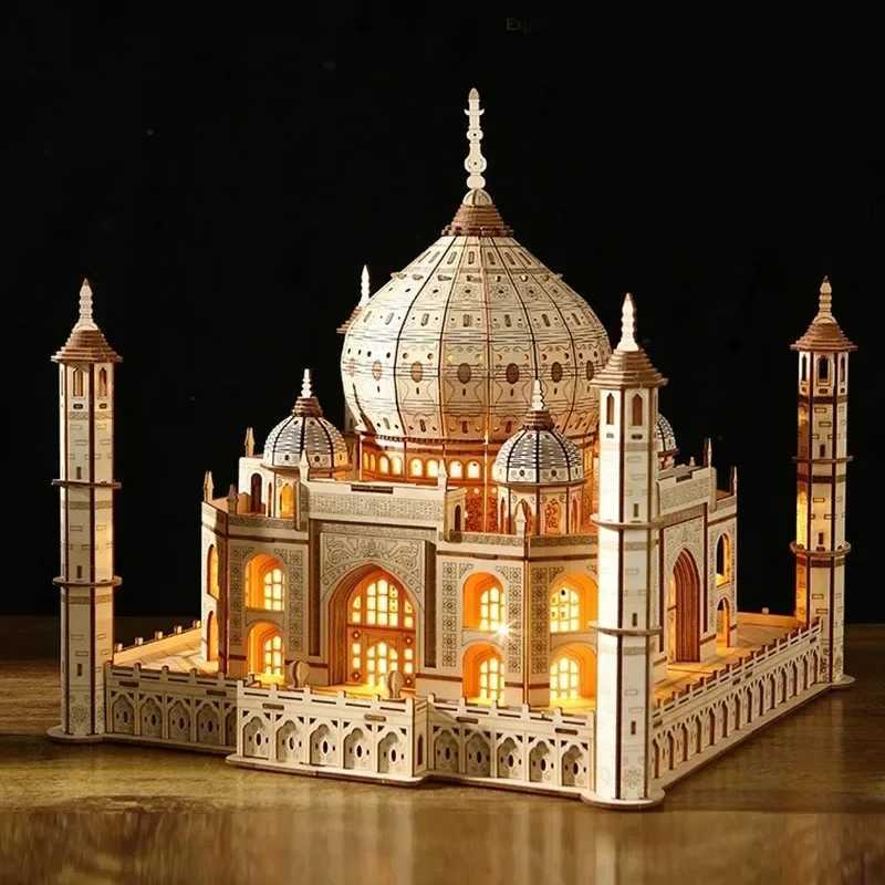 3D Wooden Puzzle House Royal Castle Taj Mahal With Light Assembly Toy For Kids Adult DIY Model Kits Desk Decoration for Gifts C251104