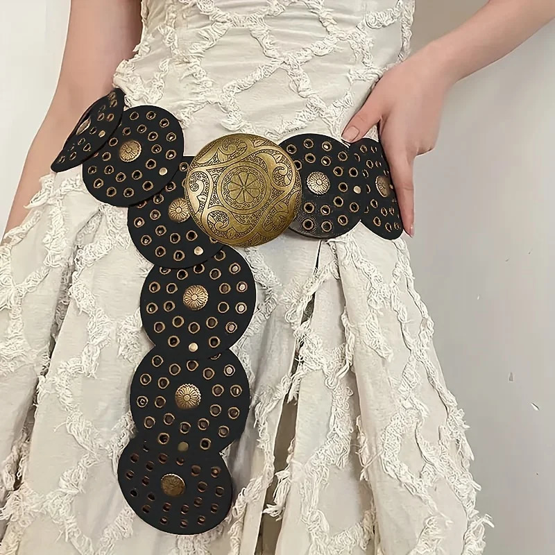 Western Cowboy Wide Golden Rivet Steampunk Circles PU Leather Waistband Vintage Large Round Buckle Waist Belt Girdle For Women 250403