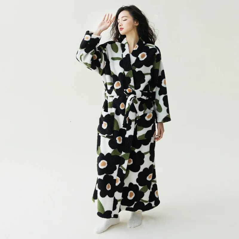 Womens Winter New Kimono Robe Ladies Coral Fleece Plush Warm Long Bathrobe Nightgown Sleepwear Female Thick Flannel Homewear C251104