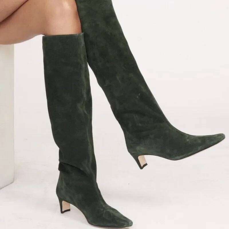 New Autumn Winter Square Toe Low Heeled Suede Long European and American Fashion Black Brown Minimalist Knee High Boots