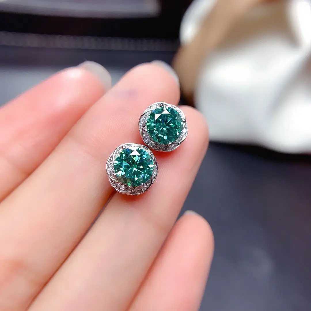 Luxury Blue and Green Moissanite CZ Stud Earrings Silver Color Jewelry Engagement Wedding Earring For Wen Bridal GiftsC250403
