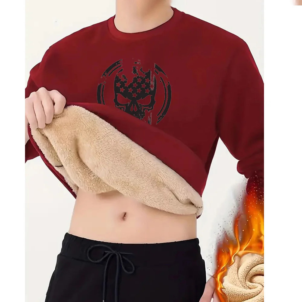 Cartoon skull round neck hoodie mens autumn and winter cashmere thick warm coat fashion loose tops Y 250321