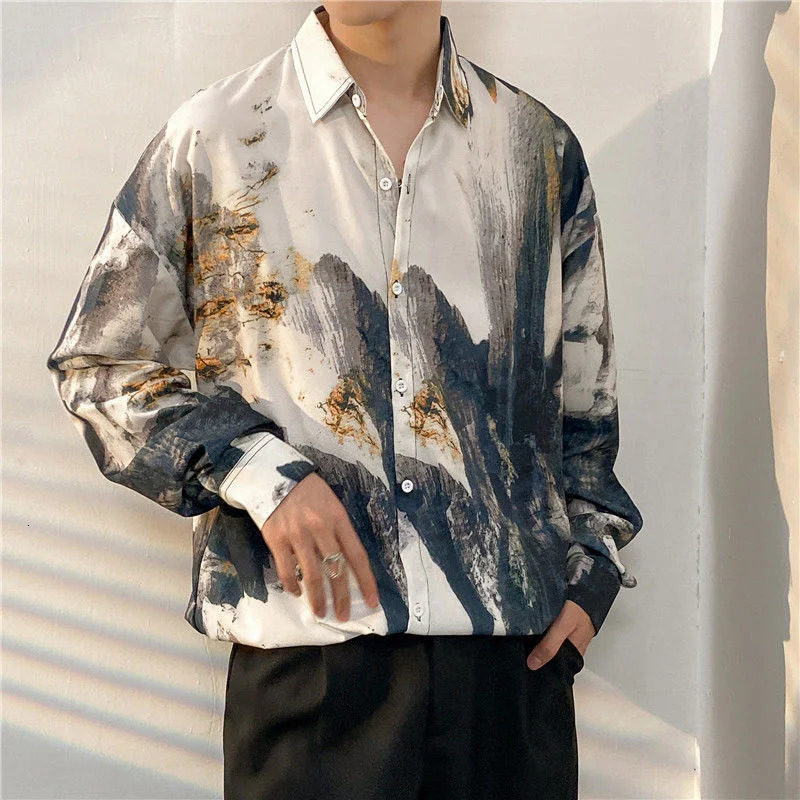 Mens long sleeved Hawaiian shirt Y2K summer print button up beach shirt mens streetwear mens fashionable casual shirt top 250403