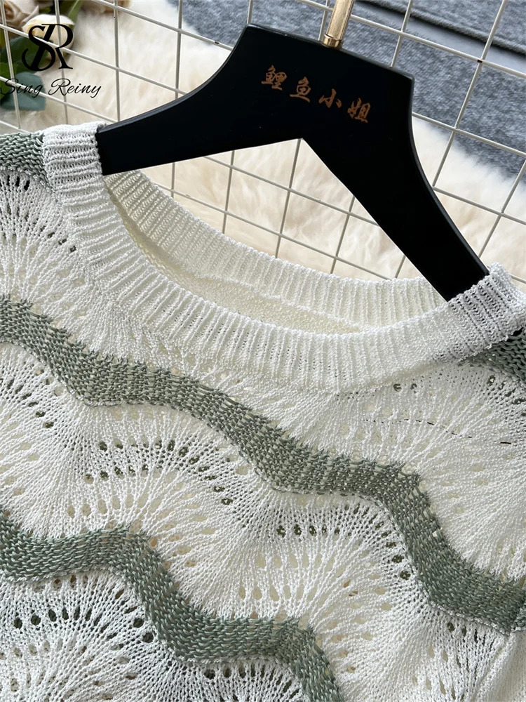 SINGREINY Summer Beach Knitted Suits Loose Basic TopsHigh Waist Long Skirt Hollow Out Striped Korean Female Two Pieces Sets 250403