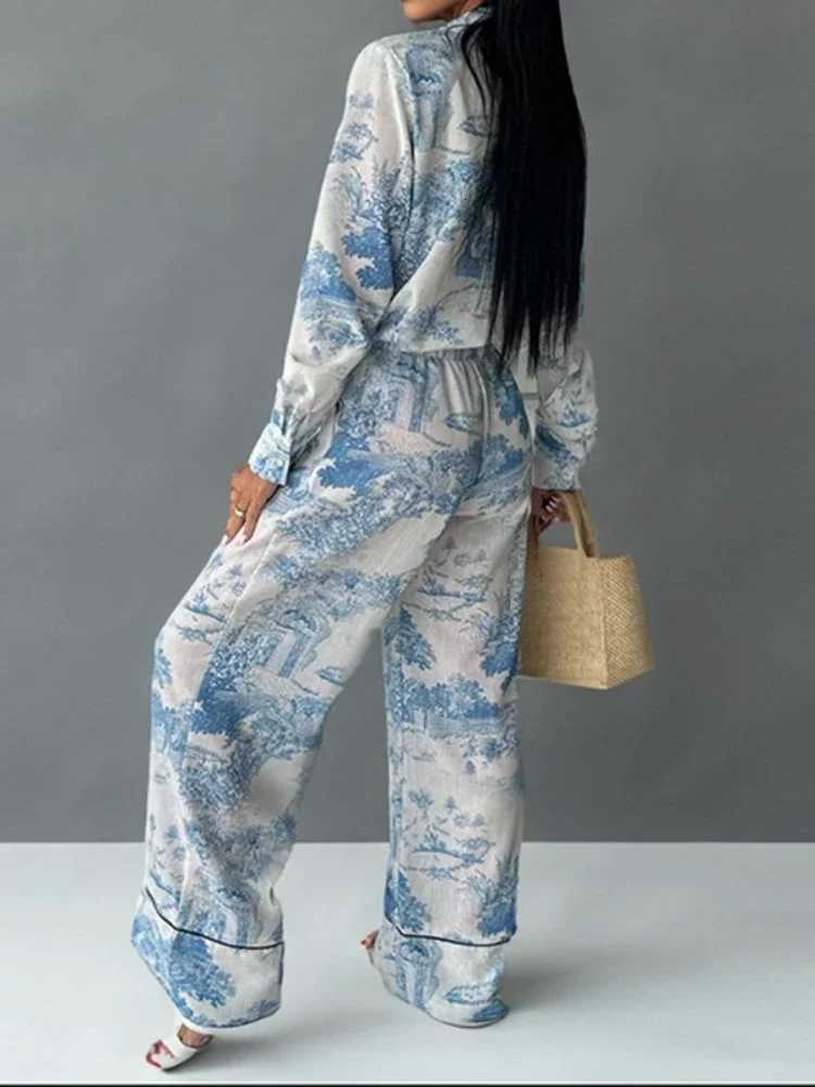 Fashion Fashion Vintage Pattern Printed Outfits Lapel Collar Shirt Long Pant Suit Spring Summer Causal Long Sleeve Loose Pant Sets Y251104