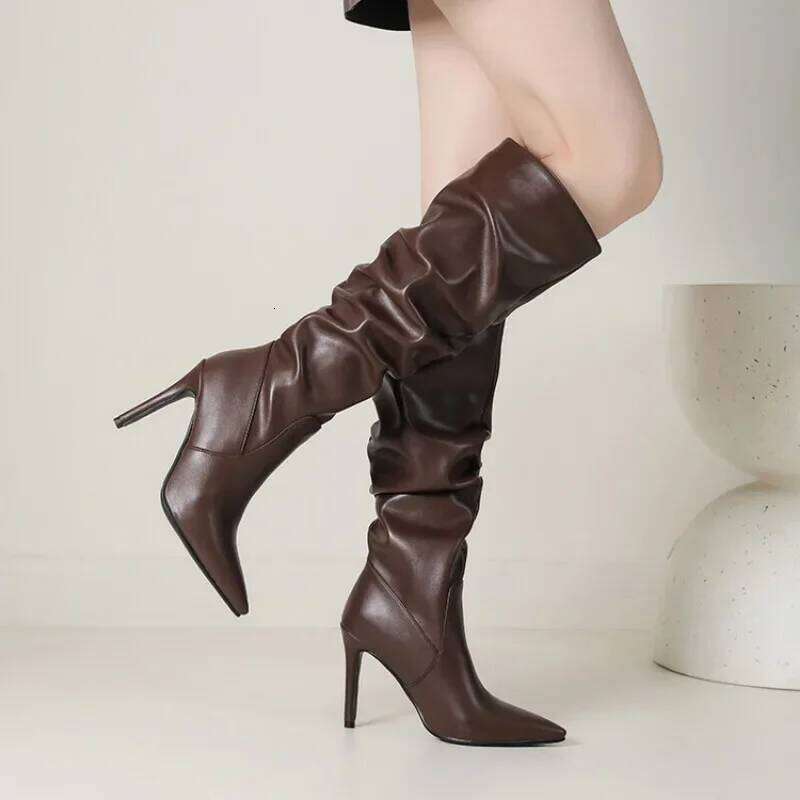New Black Brown Pleated Lazy Long European American Style 10cm High-heeled Pointed Autumn Winter Women Knee High Boots 43