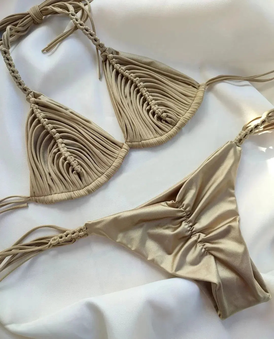 2025 Bandage Stripe Brazilian Bikini Swimwear Womens Braided Rope Swimsuit Two Piece Set Female Sexy Mujer Beachwear Summer 250402