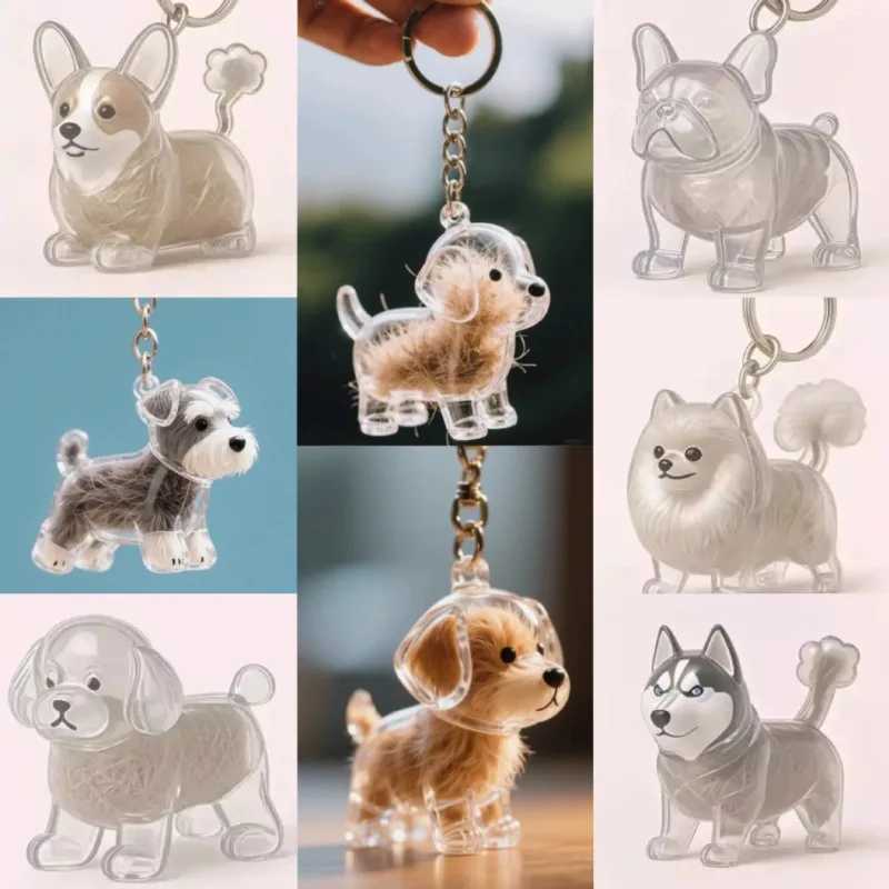 8styles Available Transparent Fur Storage Dog Keychain Adorable 3D Puppy Hair Box Keyring Creative Gift for Friend Bag AccessoryW251103