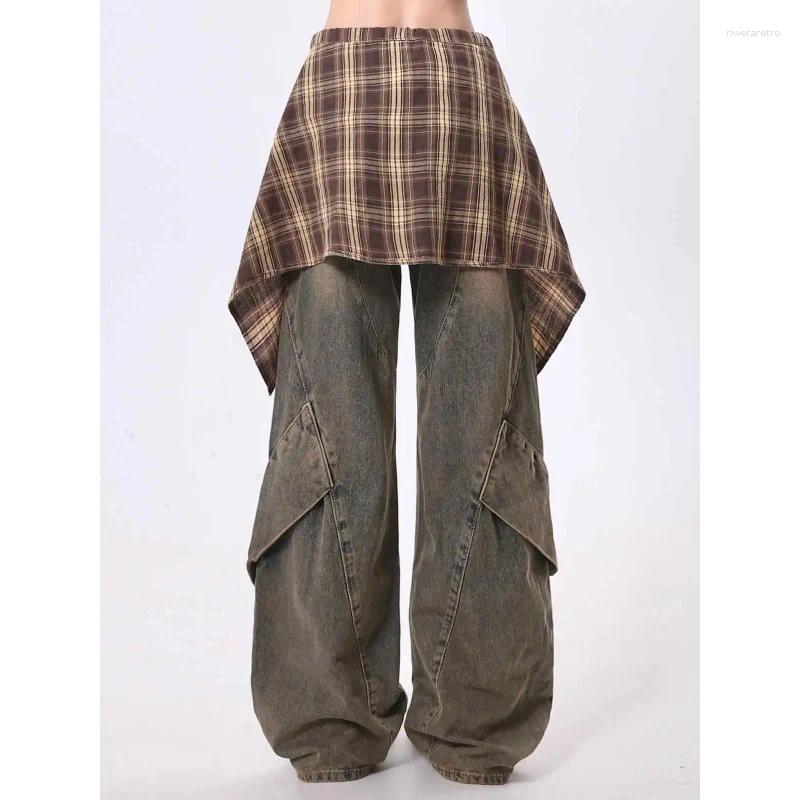 Women's Jeans Women Blue Y2k With Skirt Harajuku Vintage Baggy Denim Trousers Japanese 2000s Style Oversize Jean Long Pants Clothes Z260313