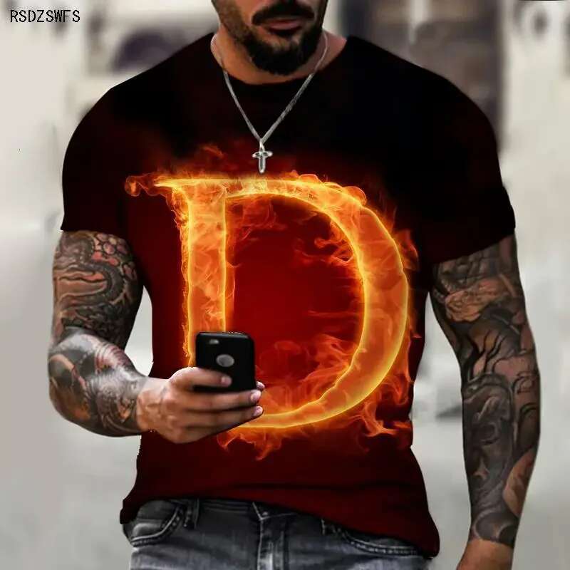 New Men's T-shirt 3D Printed Flame Initial Fashionable and Cool Street Top Plus Size Round Neck Short Sleeve