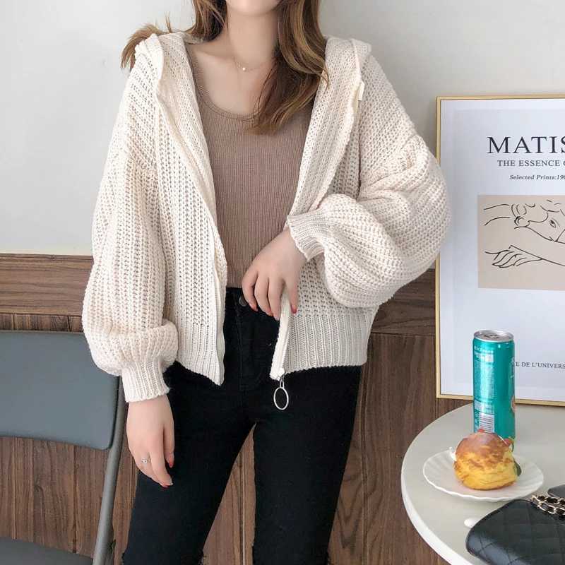 Casual Hooded Solid Color Lantern Sleeve Cardigan Sweater Fashion Zipper Loose Knitted Jacket Autumn New Womens Knitwear J251103