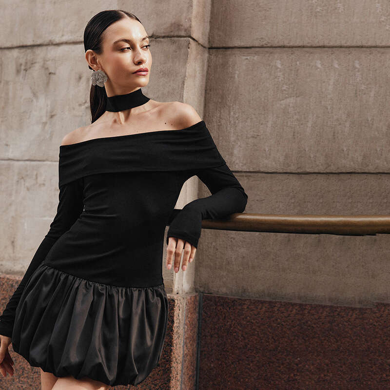 Sanhu Lianjiang G24DS146 European and American women's one necked off shoulder long sleeved patchwork wer bud skirt wholesale 2025 new casual ver