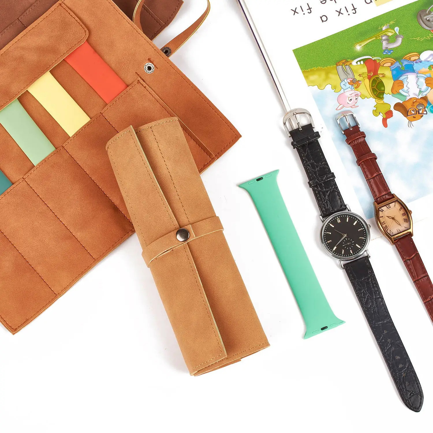 Watch Band Roll Organizer With 5 Slots Storage Box Watch Strap Smart Watch Storage Bag Leather Handmade Travel Case storage bag 251027