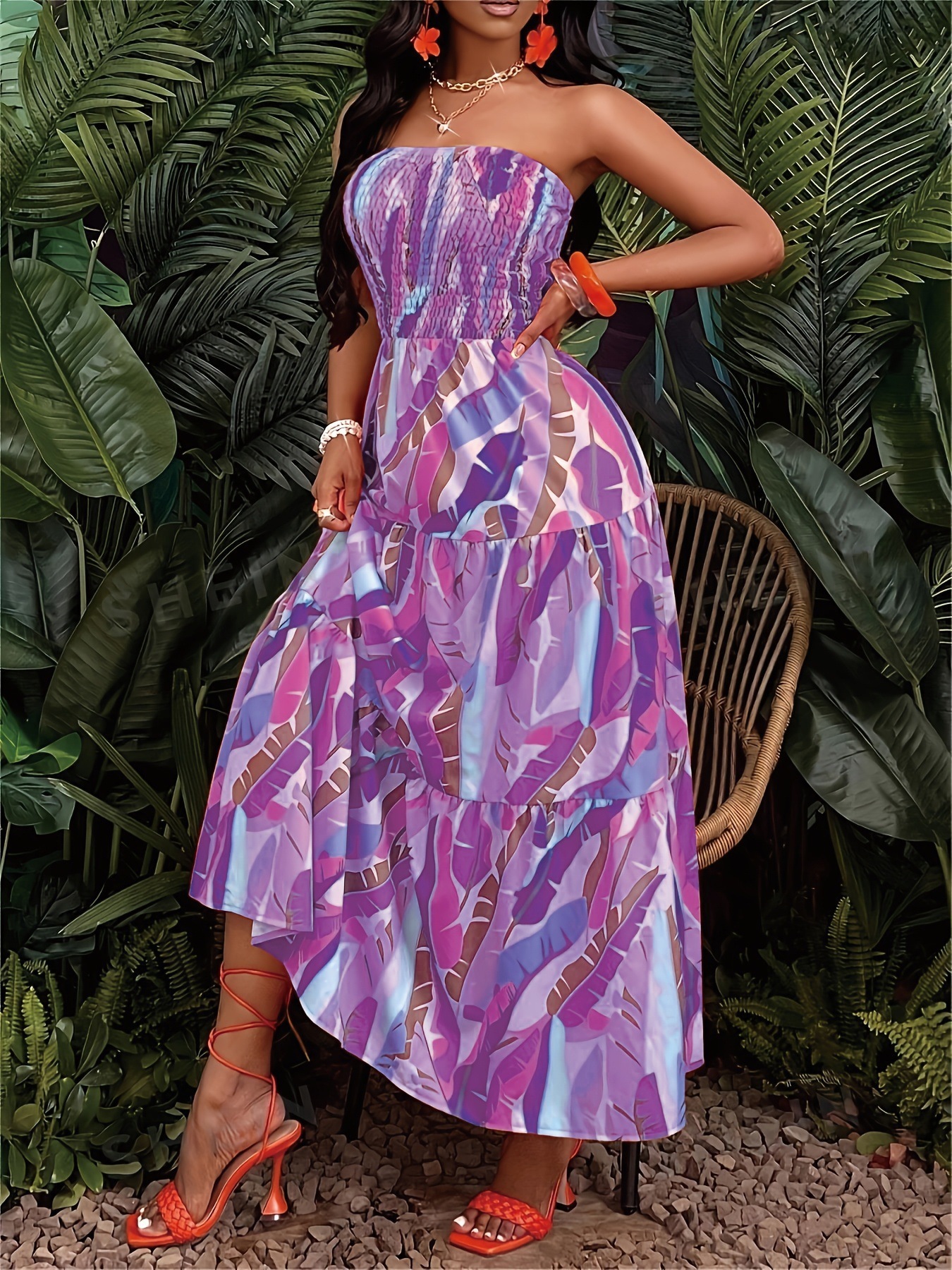 2025 Womens Vacation Storm West Asia Long Printed Chest Wrapping Big Swing Dress