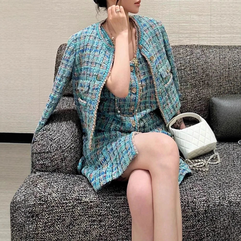 French Lady Blue Green Tweed round Neck Single Button Small Fragrance Style Jacket Vest Dress Set Casual Suit 251104