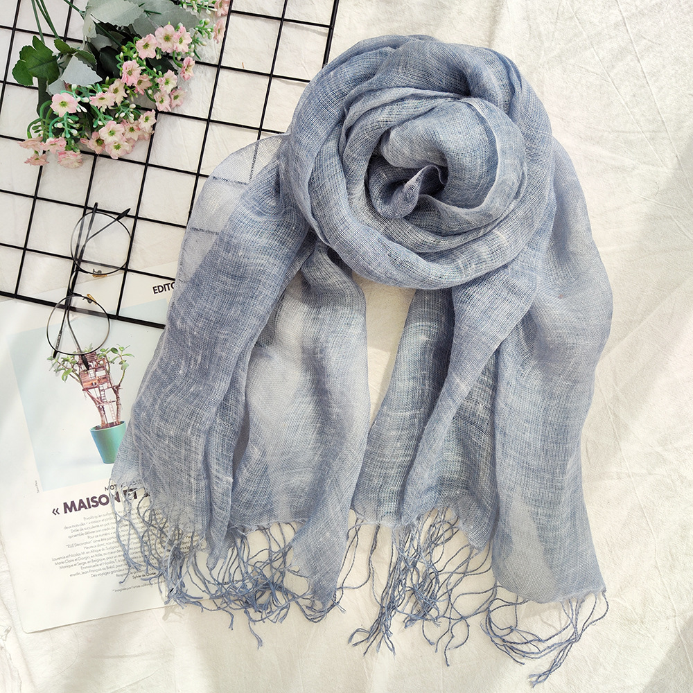 K303 Cross-border customized dirty dyed linen scarf, distressed retro ladies summer thin literary tassel sunscreen shawl