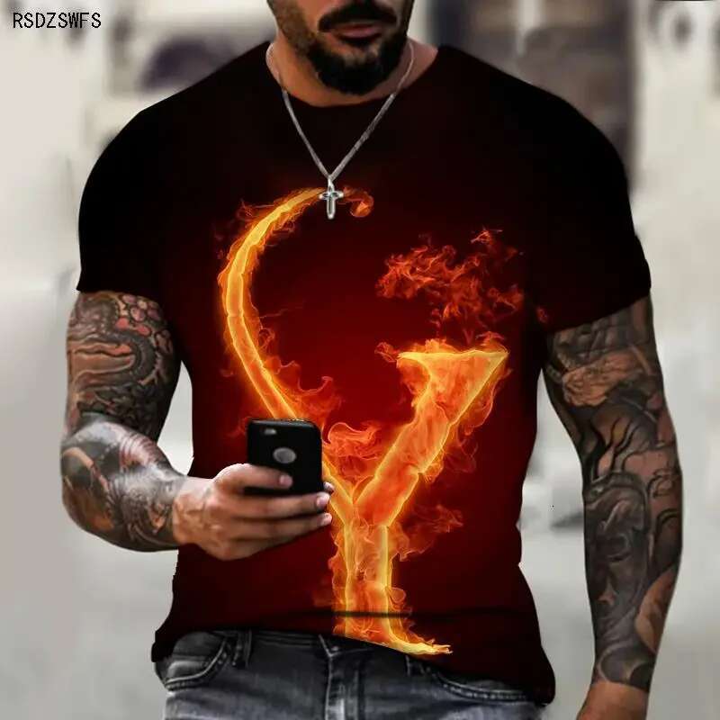New Men's T-shirt 3D Printed Flame Initial Fashionable and Cool Street Top Plus Size Round Neck Short Sleeve