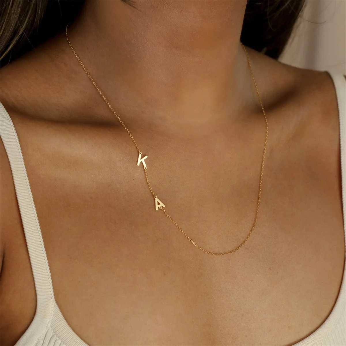 Off-Center Letter Necklace by Minimalist Gold Color Stainless Steel Custom Letter Necklace Sideways Initial Necklace for MomXJ251104