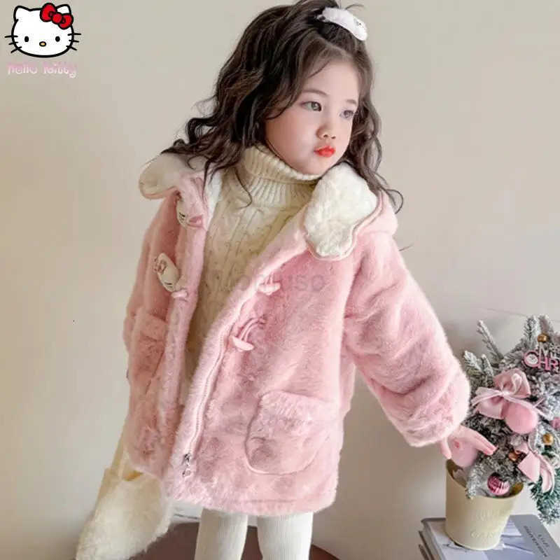 Sanrio Girls Hello Kitty Warm Hooded Jacket Kawaii Autumn Winter New Cartoon Anime Cotton Clothing Fashionable Thickened Coat H251104