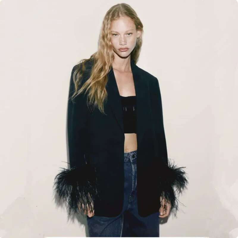 Fashion Splicing Feather Women Blazers Pant Sets Casual Single Button Long Sleeve Loose Jacket Coat Female Solid Blazer Top 2930
