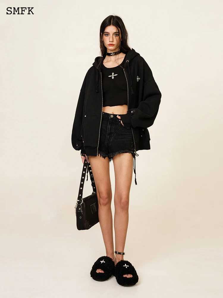 SMFK Cross Flower Hoodie Classic Zipper Metal Rivet Cardigan for Women Oversized Sports Jackets Autumn Winter Cotton Hooded Coat J251103