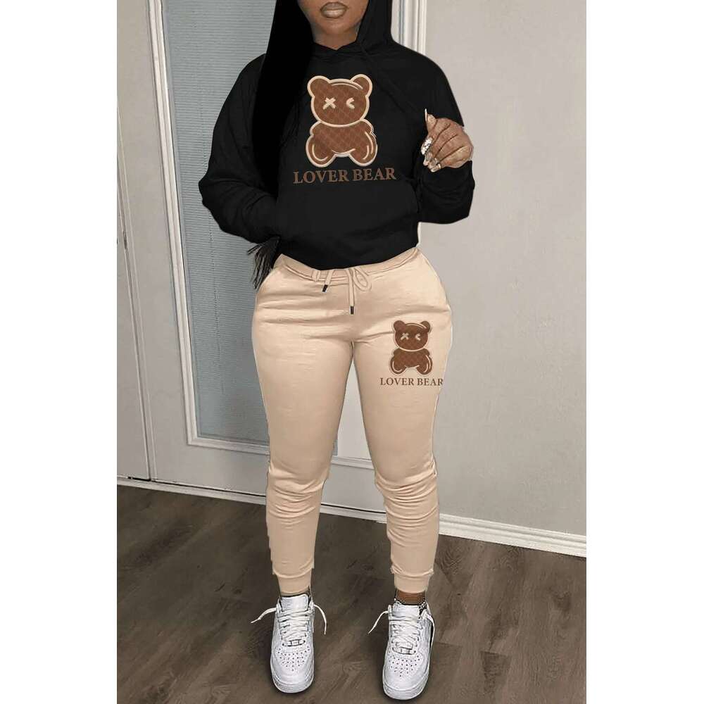 New casual hooded sweatshirt set with trendy bear head printed sweatpants set, European size sweatshirt, 2025 new style, chic and elegant clothing