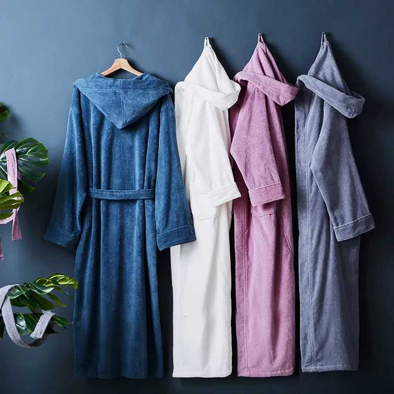 High Quty Mens Robe Hooded Winter Bathrobe Male Long Thick Warm Terry Fleece Towel Dressing Gown Couple Home Bath Robes C251104